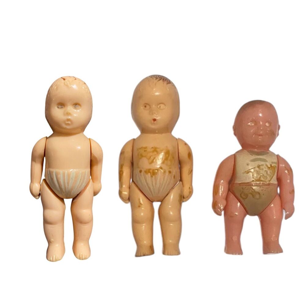 3 VTG 1950s Renwal Dollhouse Toddler Baby Dolls Hard Plastic No. 8 MCM USA Made